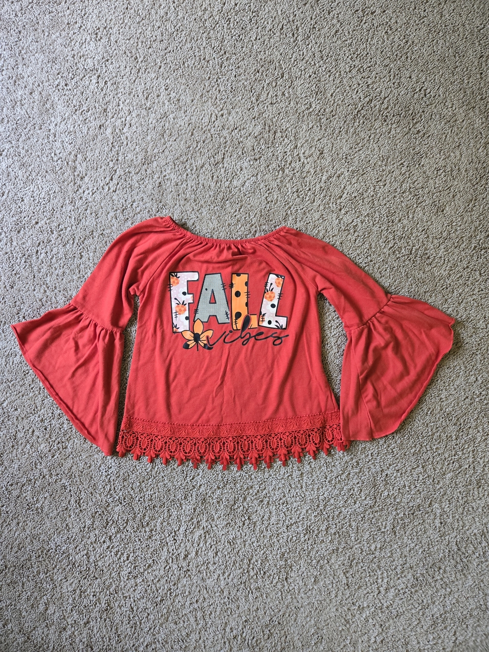 Girls Orange "Fall Vibes" Bell Sleeve Lace Hem Top XL